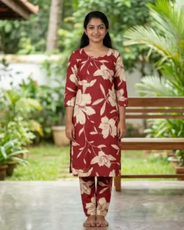 Rust Floral Printed Cotton Kurta Set