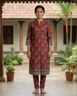 Red Printed Kurti with Ethnic Border Design for Women | Stylish Daily Wear Kurta | Ready-to-Wear