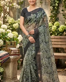 Elegant Charcoal Grey Floral Organza Saree with Solid Black Border
