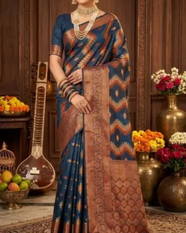 Elegant Navy Blue Silk Saree with Ikat Design & Rich Copper Zari Border