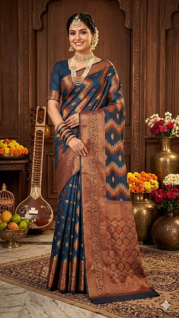 Elegant Navy Blue Silk Saree with Ikat Design & Rich Copper Zari Border