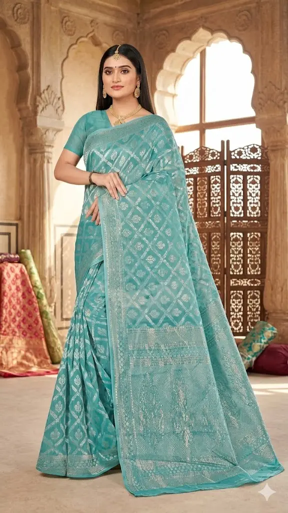 Elegant Sea Green Silk Saree with Silver Zari Design