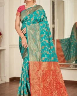Elegant Teal & Coral Silk Saree with Rich Zari Work