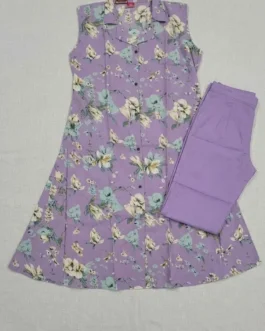 Lavender Floral Sleeveless Kurti Set with Pants
