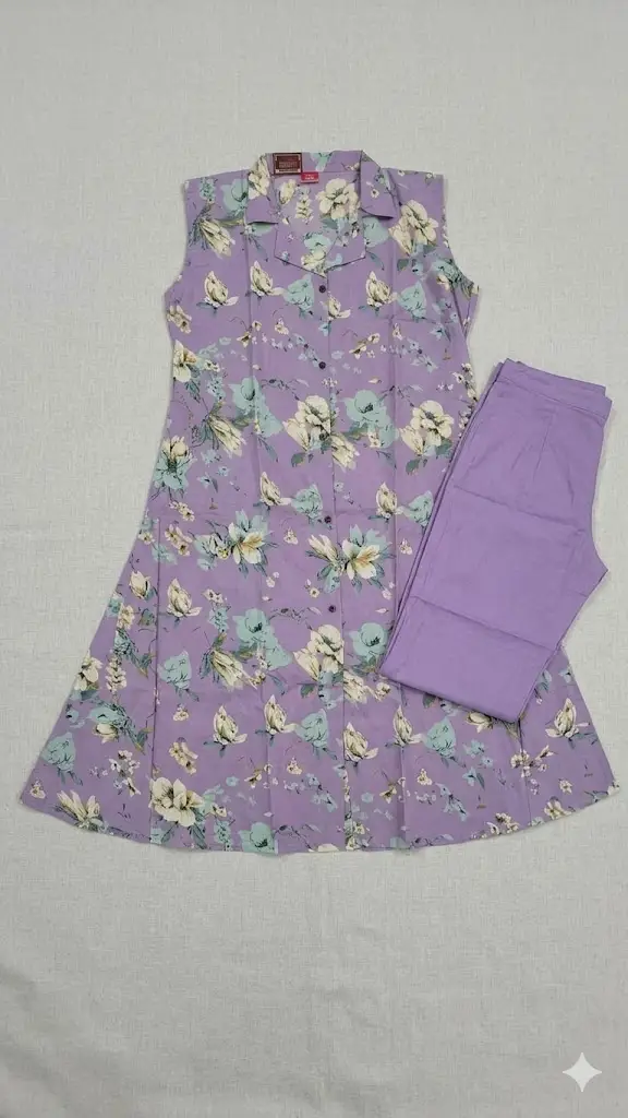 Lavender Floral Sleeveless Kurti Set with Pants