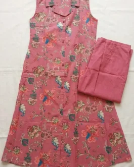 Pink Floral Sleeveless Kurti Set with Pants