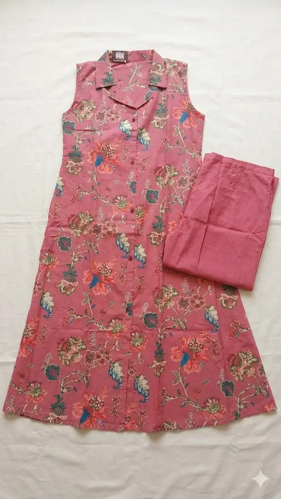 Pink Floral Sleeveless Kurti Set with Pants