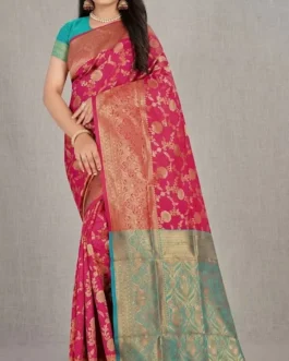 Pink Silk Saree with Zari Border & Contrast Pallu