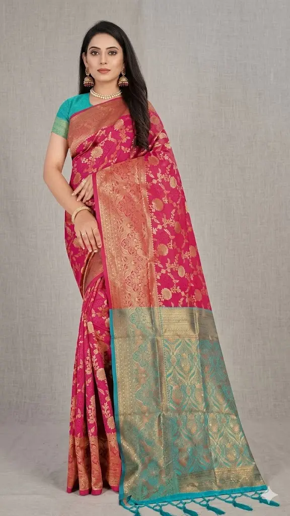 Pink Silk Saree with Zari Border & Contrast Pallu