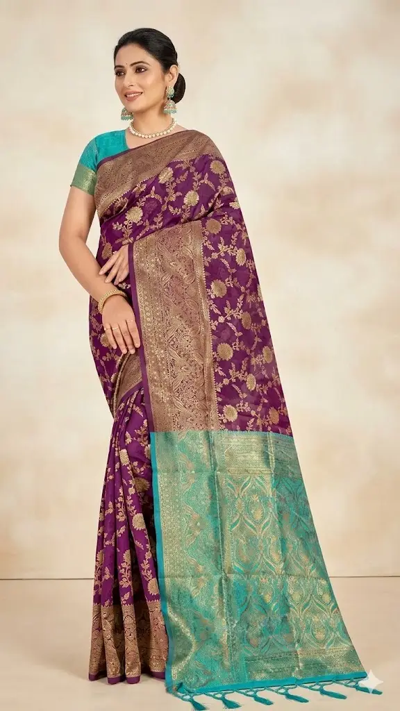 Purple Silk Saree with Zari Border & Contrast Pallu