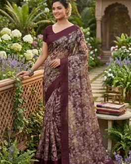 Royal Wine Floral Organza Saree with Rich Plum Border