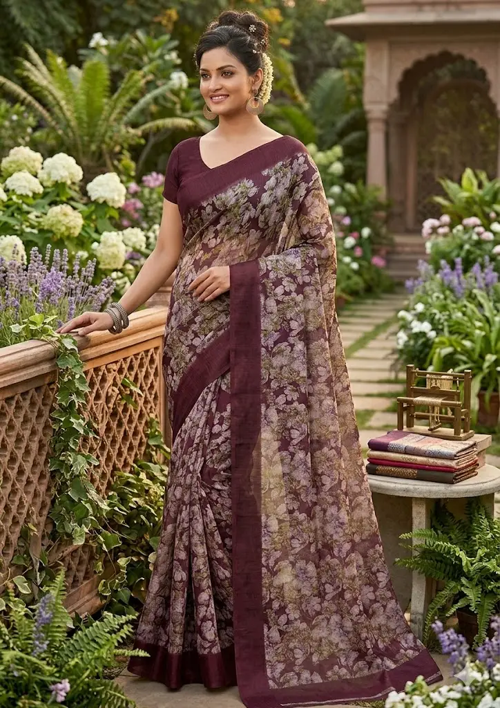 Royal Wine Floral Organza Saree with Rich Plum Border