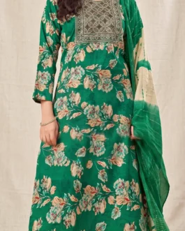 Green Floral Printed Kurta Set with Embroidered Neck & Dupatta