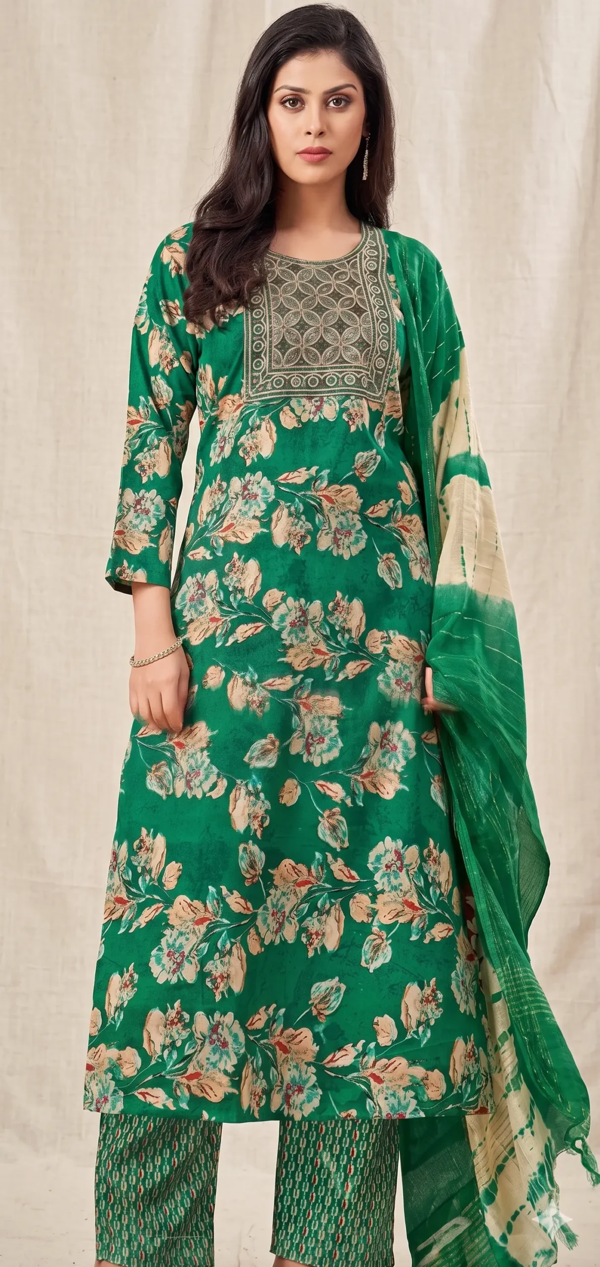 Green Floral Printed Kurta Set with Embroidered Neck & Dupatta