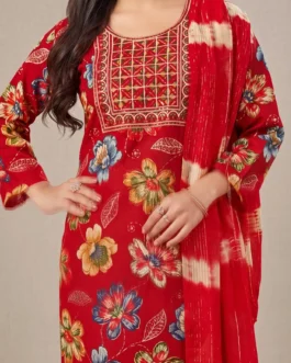 Red Floral Printed Kurta Set with Embroidered Neck & Dupatta