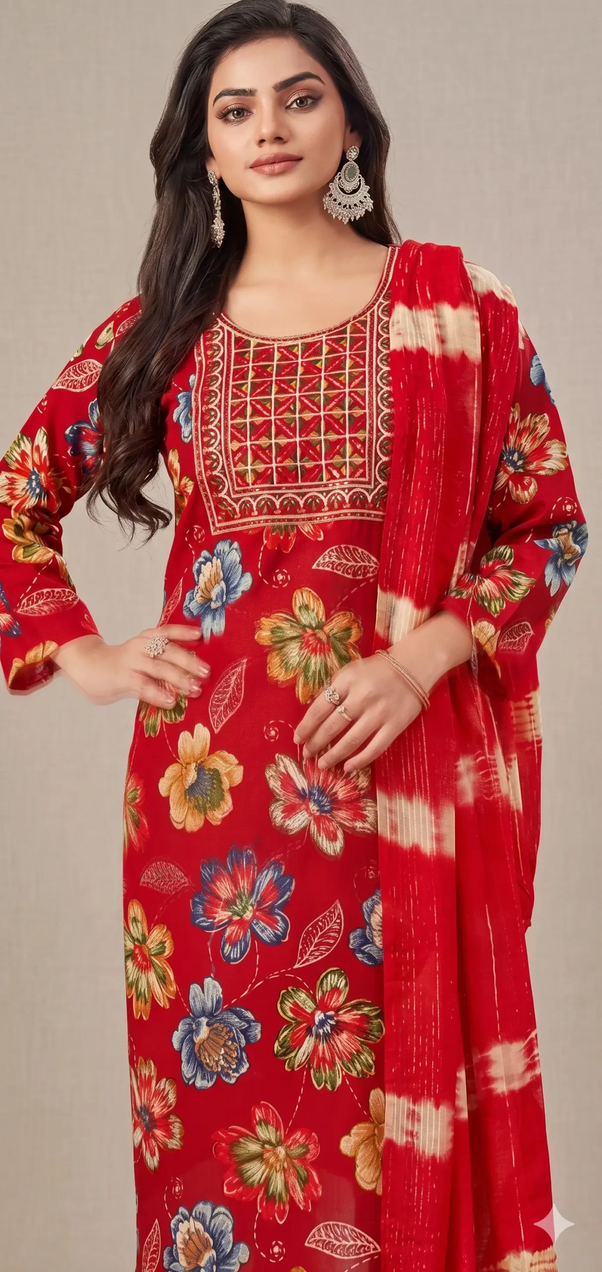 Red Floral Printed Kurta Se