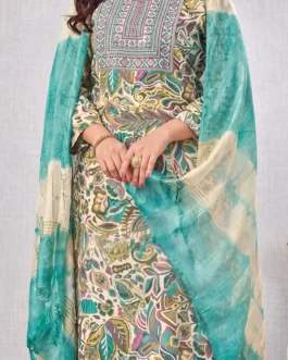 Beige & Teal Printed Kurta Set with Embroidered Neck & Dupatta