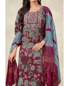 Maroon Floral Printed Kurta Set with Embroidered Neck & Dupatta