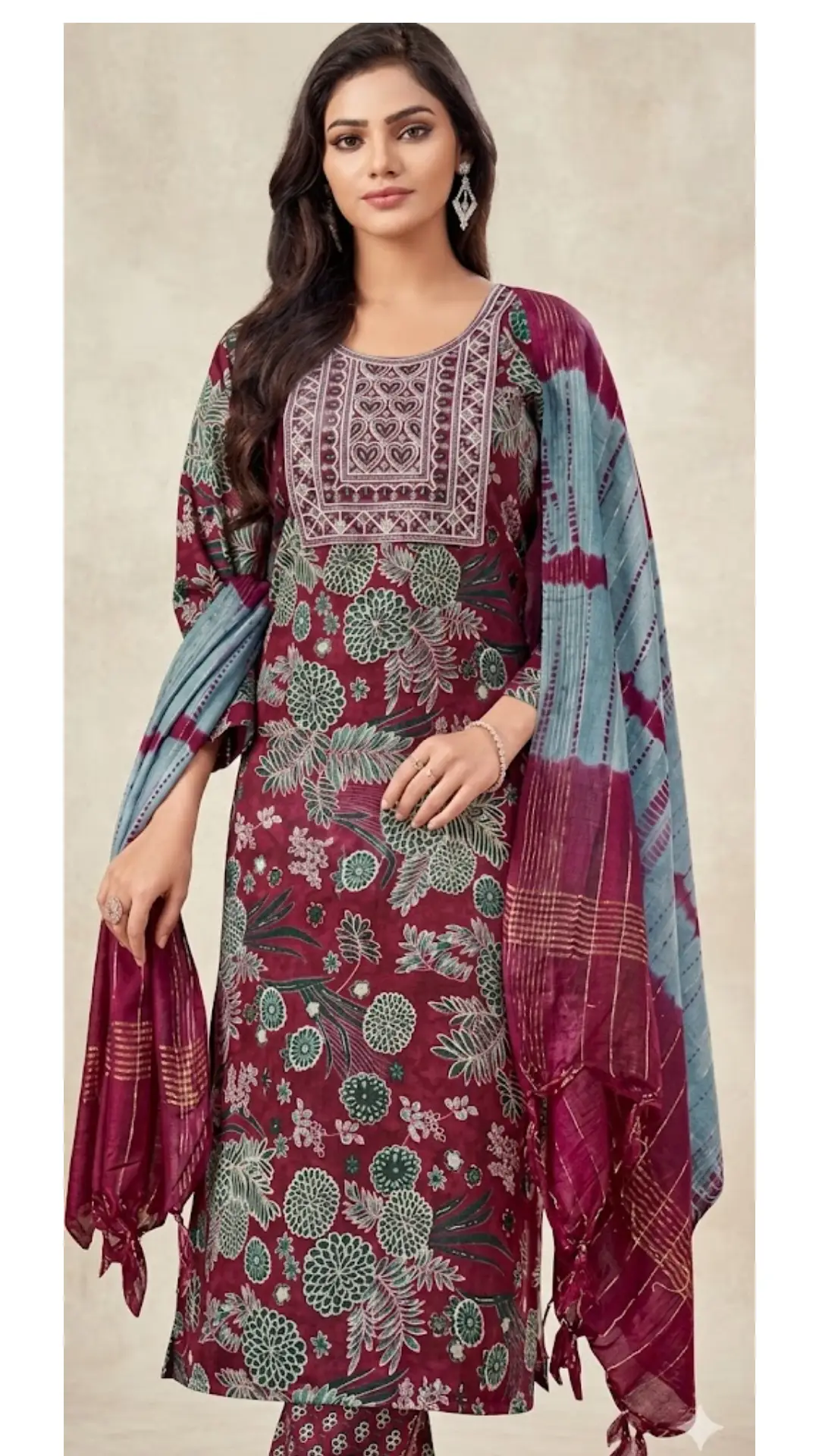 Maroon Floral Printed Kurta Set with Embroidered Neck & Dupatta